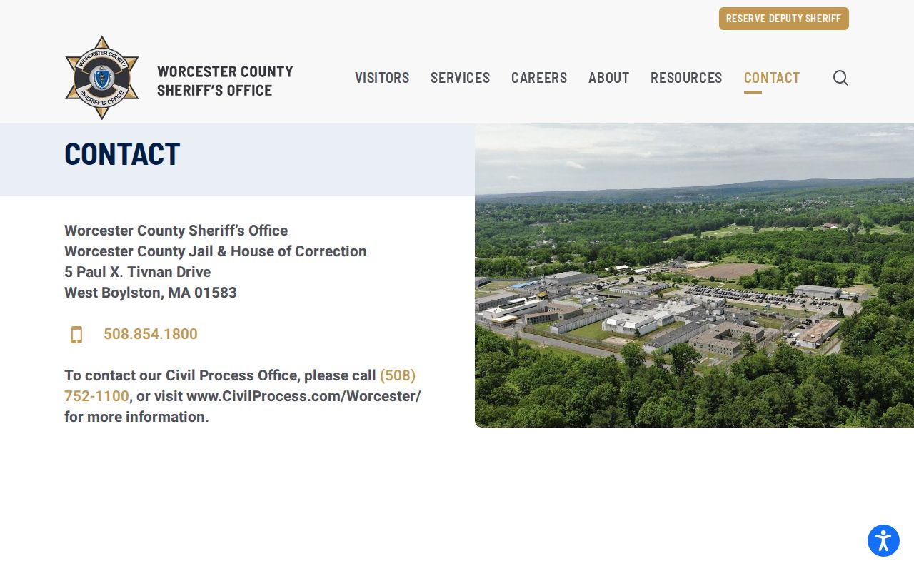 Worcester County Sheriff's Office contact page used for Worcester County warrant record questions