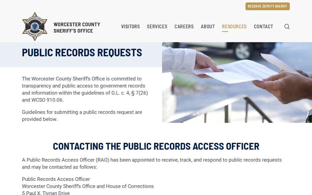 Worcester County Sheriff's Office public records request page used for Worcester County warrant record questions