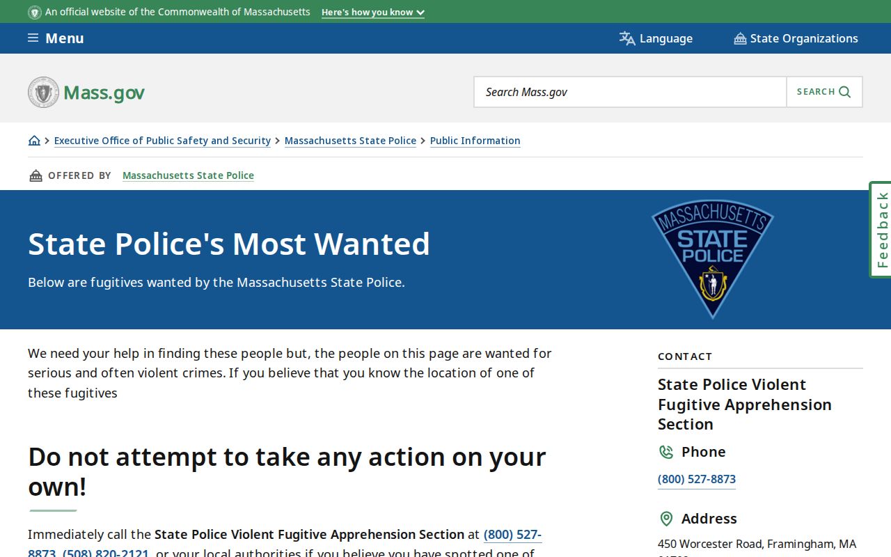 Massachusetts State Police most wanted program page related to Worcester County warrant records