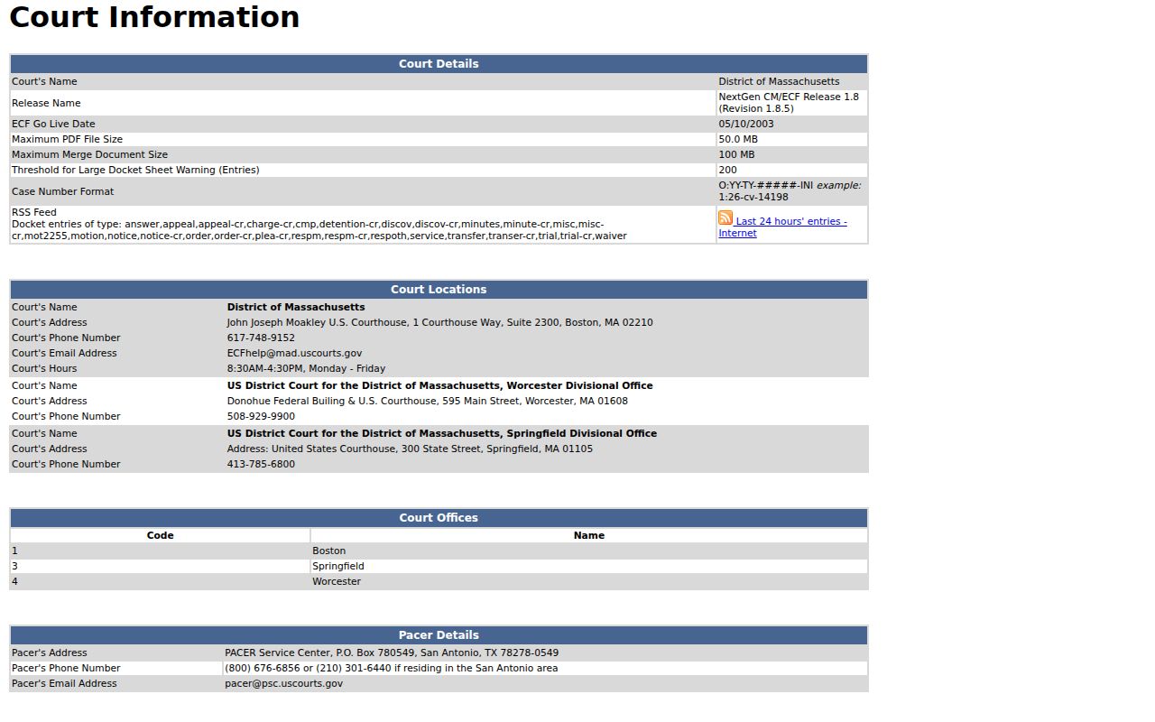 Federal court information page related to Worcester County warrant records