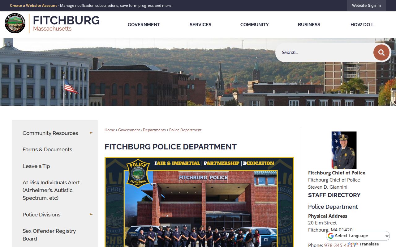 Fitchburg Police Department contact page related to Worcester County warrant records