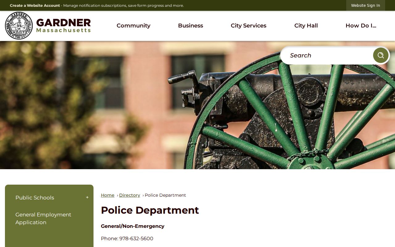 Gardner Police Department contact page related to Worcester County warrant record questions