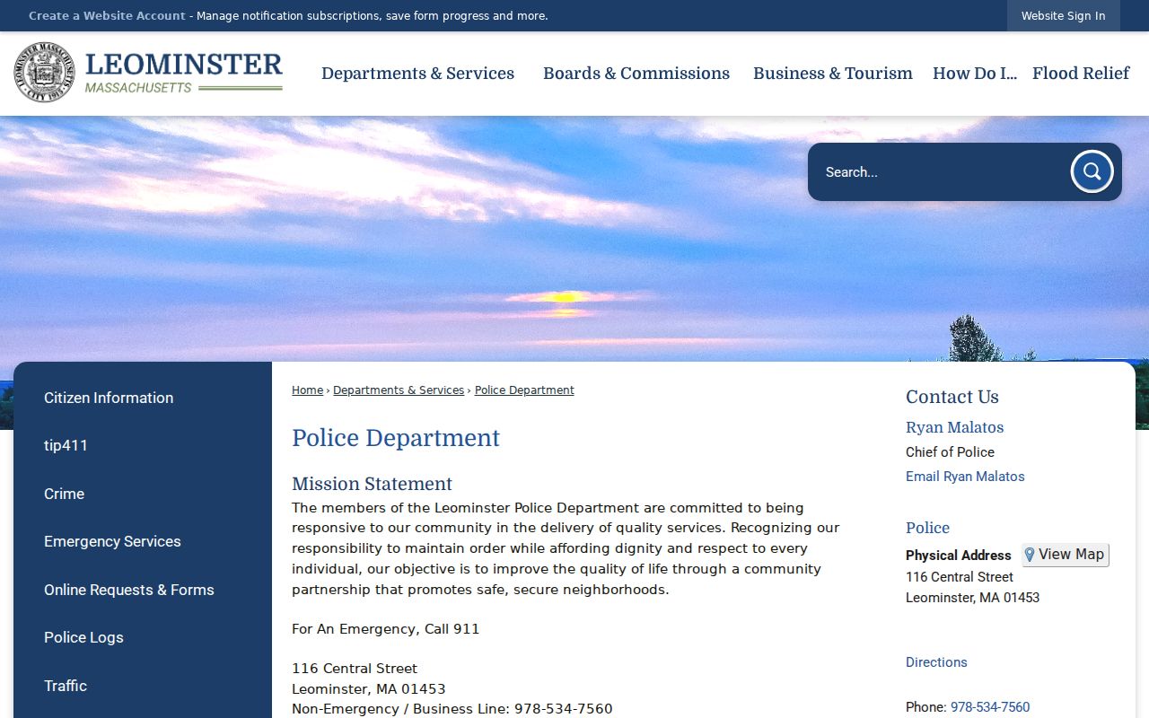 Leominster Police Department contact page related to Worcester County warrant records