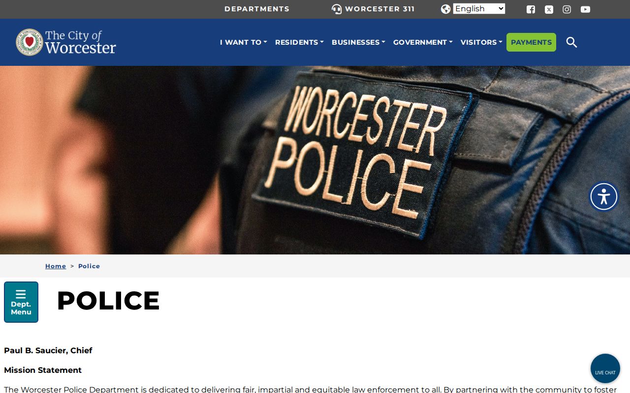 Worcester Police Department services page related to Worcester County warrant records