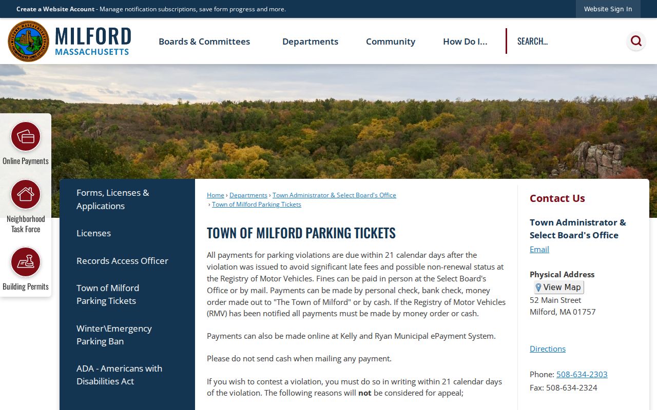 Milford parking ticket payment page related to Worcester County warrant records