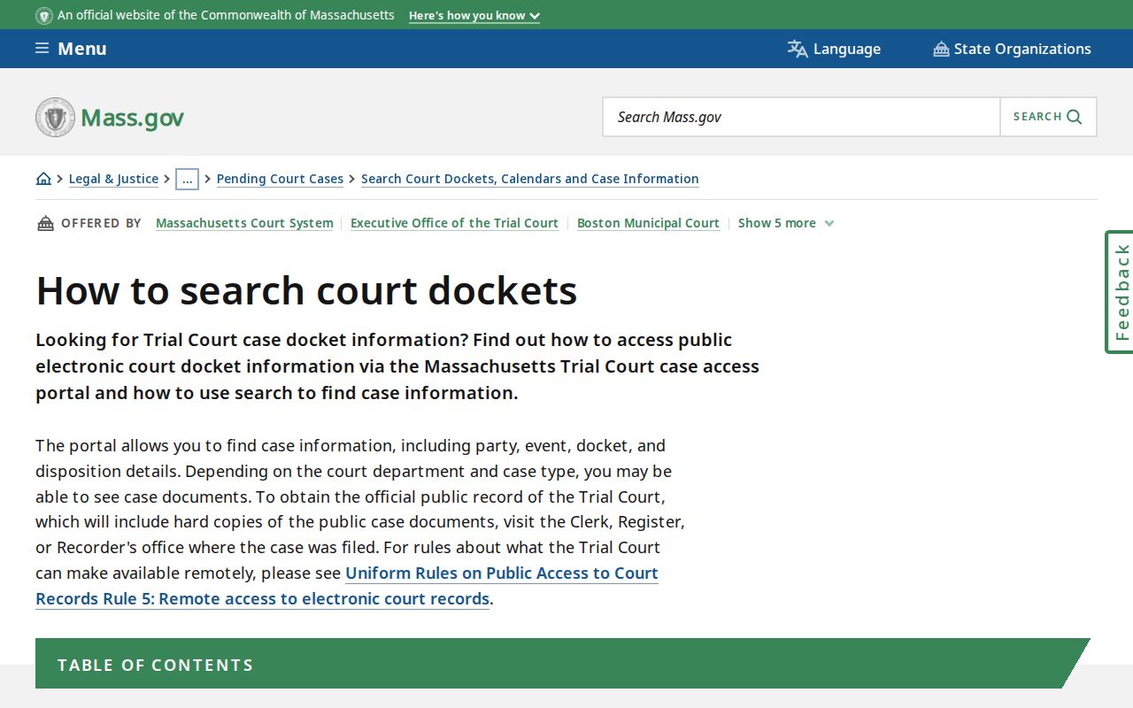 Official Massachusetts court docket search instructions used for Worcester County warrant record checks