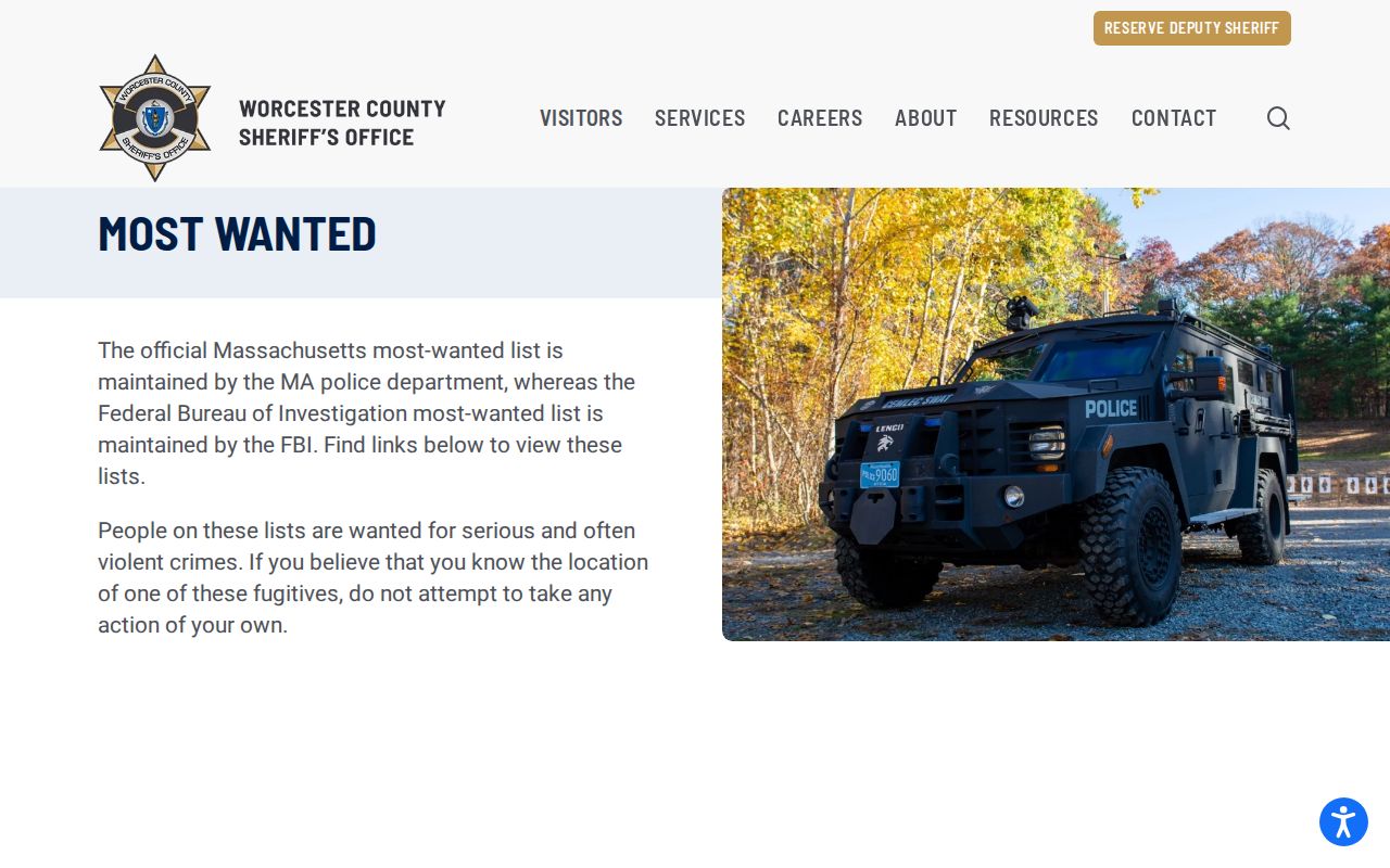 Worcester County Sheriff's Office most wanted program page related to Worcester County warrant records